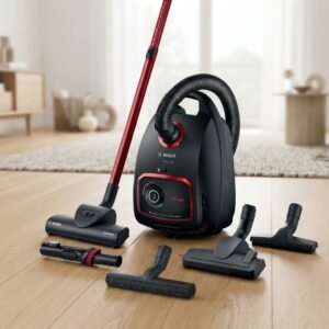 Prompt: A high-end commercial e-commerce product photograph of the Bosch Series 6 ProPower bagged vacuum cleaner (model BGL6POW2) in sleek matte and glossy black finish, placed elegantly on a polished light oak wood floor. The background features a softly blurred upscale, minimalist Scandinavian living room with soft natural morning light and neutral tones. Ultra-realistic, 8k resolution, clean catalog presentation, professional studio lighting --ar 4:3